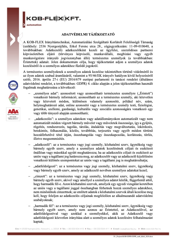 Külső adatkezelési tájékoztató