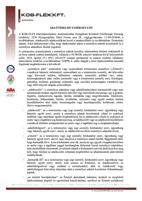 Belső adatkezelési tájékoztató